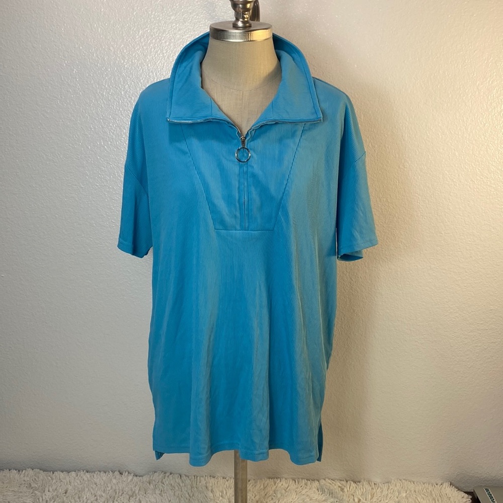 MCKOL Ribbed, Loose Fitting Short Sleeve Collared Zipper Top, Women's Size XL